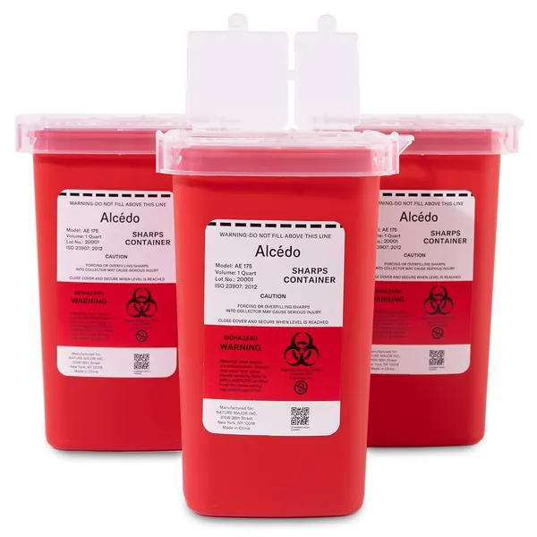 Biohazard sharps disposal container for safe needle and syringe disposal